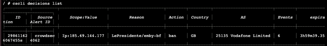 Output from cscli decision list after simulating a brute force login attempt