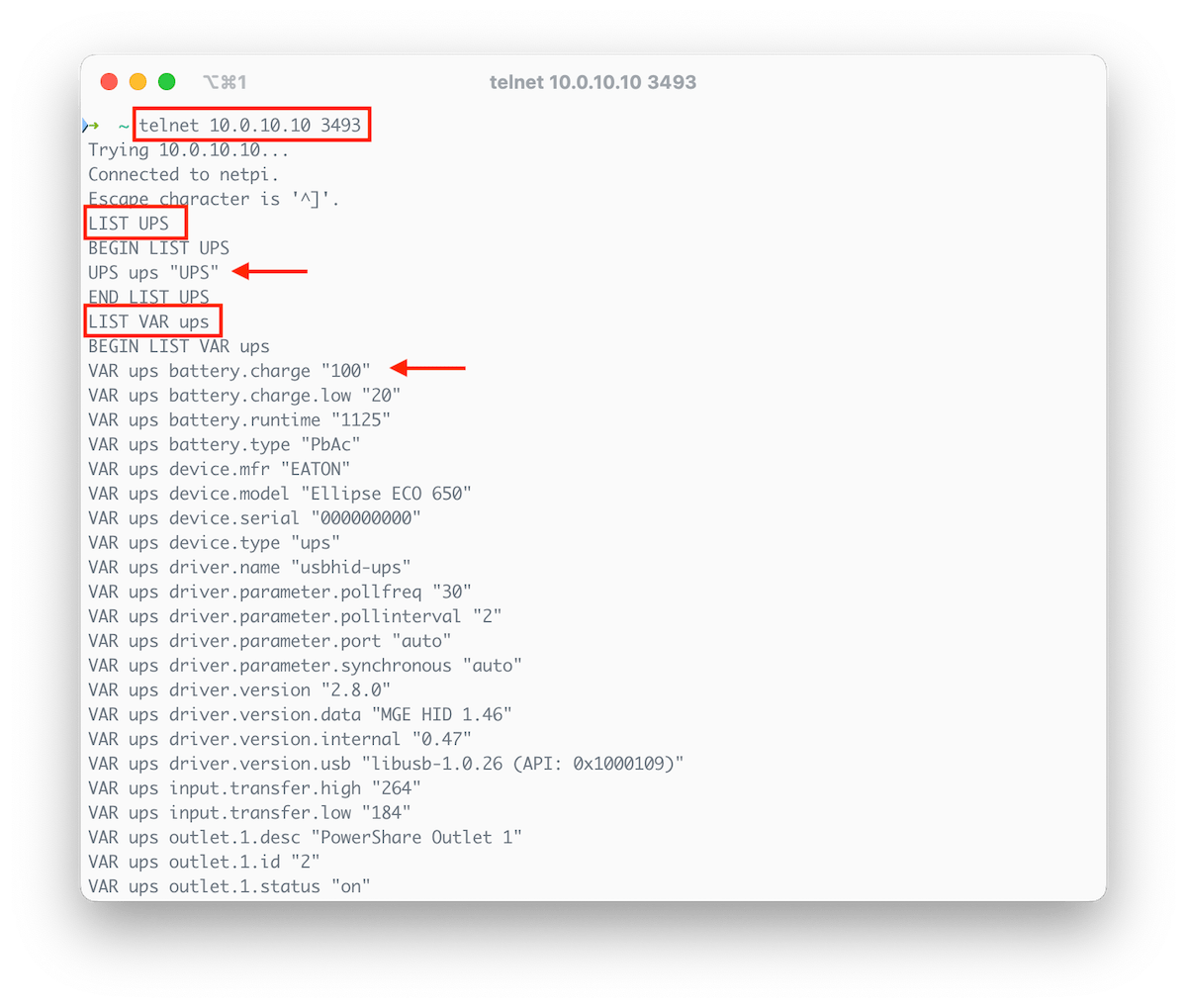 NUT telnet output