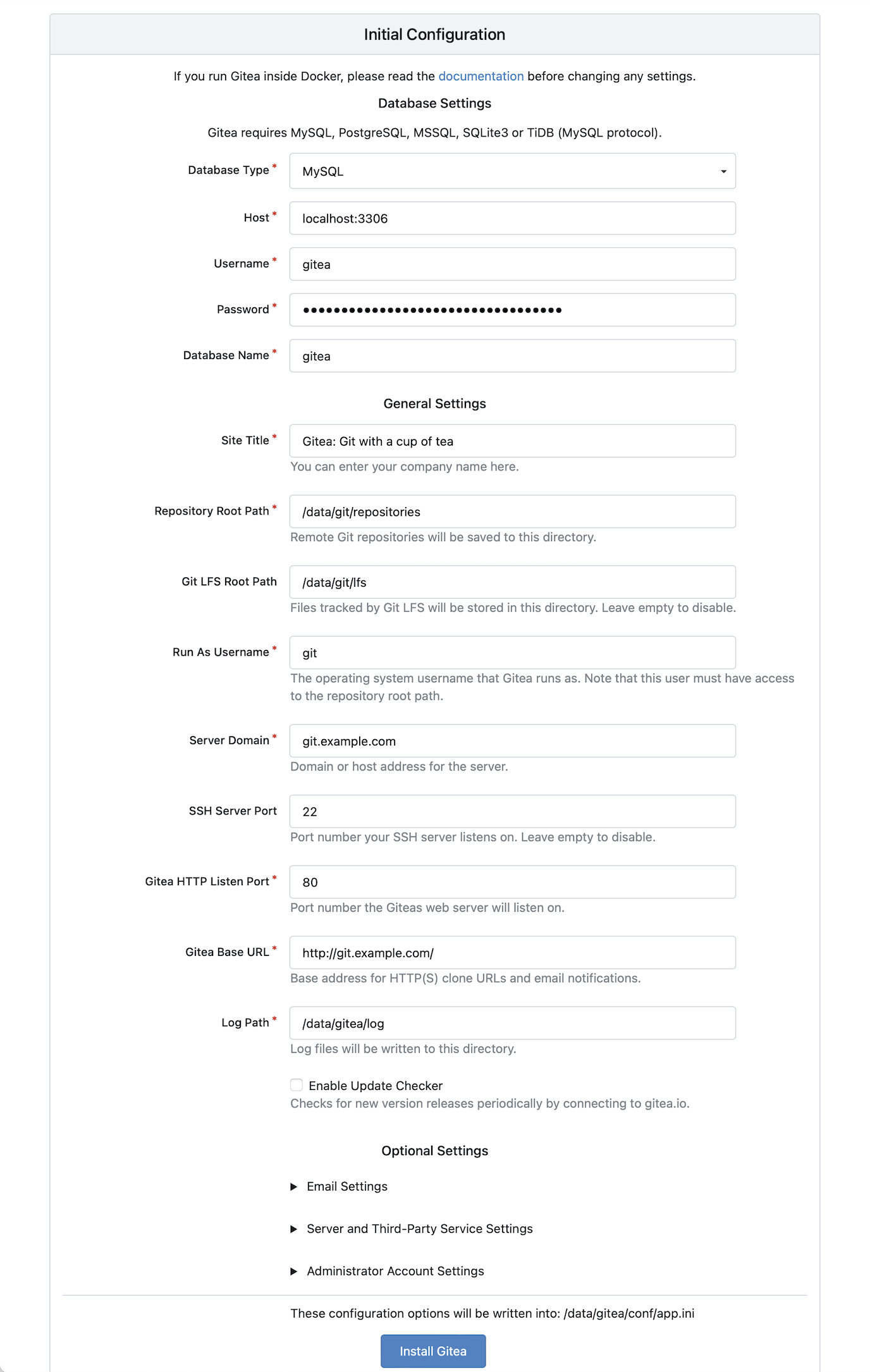 Initial Gitea configuration