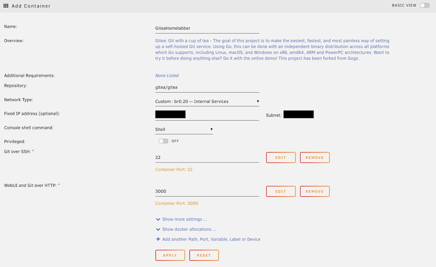 Setting up the Gitea container in Unraid