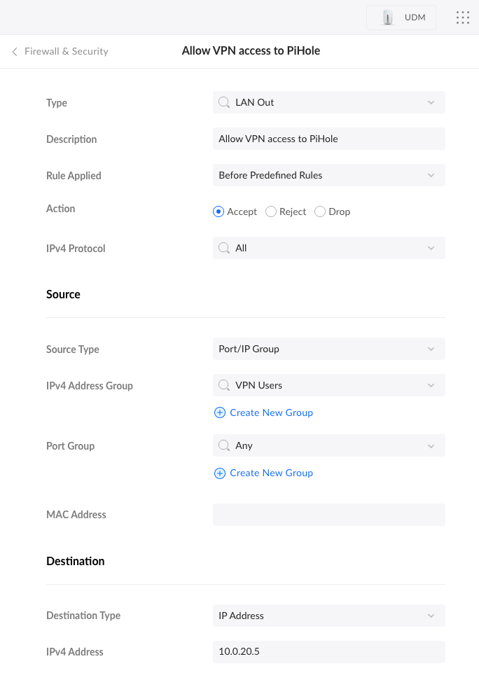 Create Allow VPN access to PiHole rule