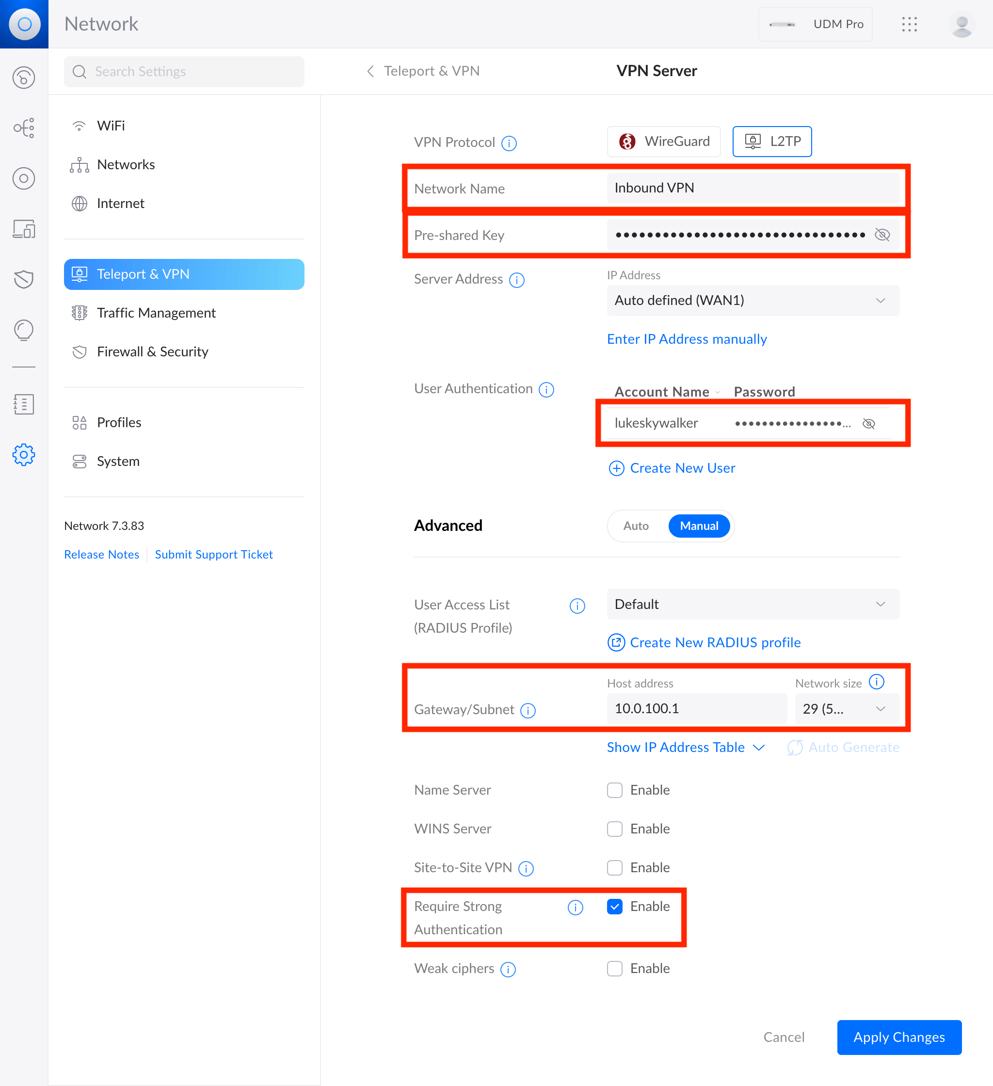 Unifi VPN server settings